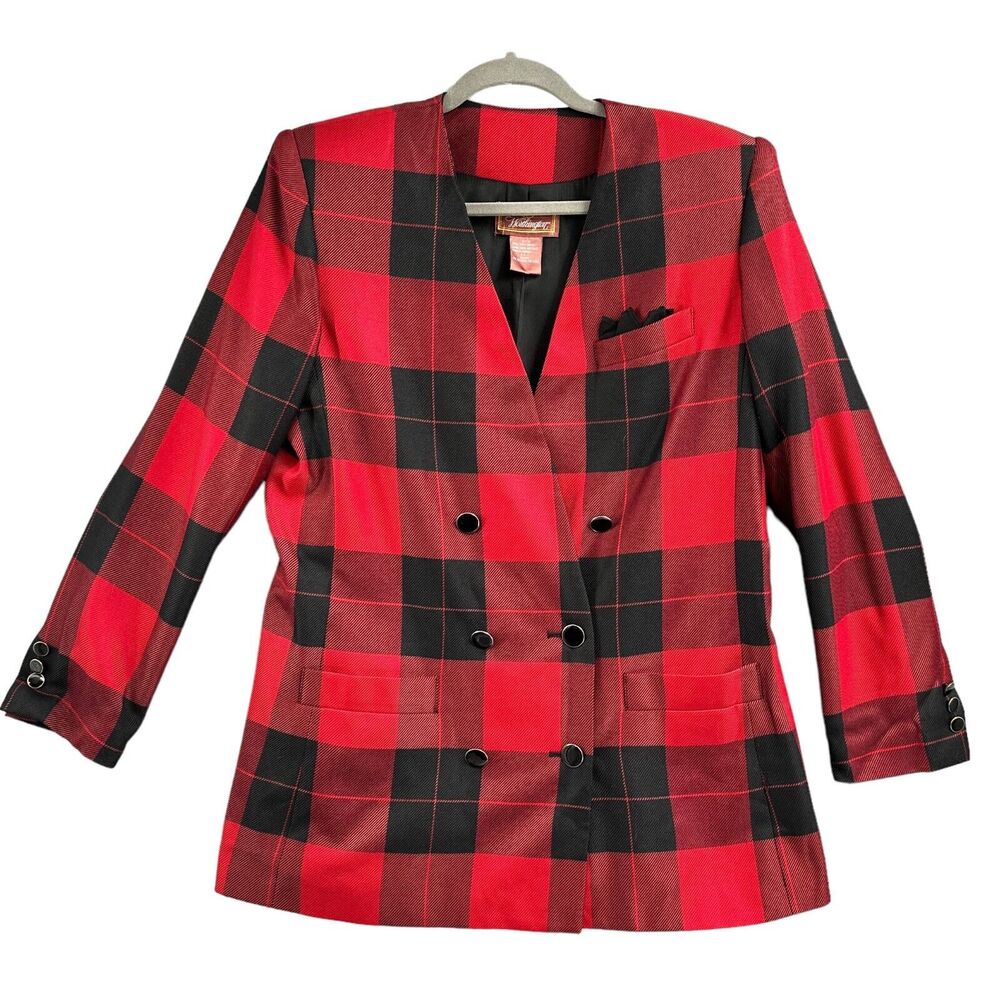 Vintage Buffalo Plaid Blazer Red Black Womens 14 Retro Double Breasted Jacket 90